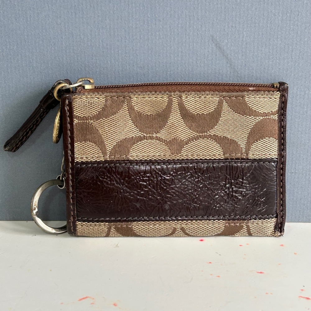 Coach Signature Canvas Mini Card Holder Brown Wallet key chain VTG